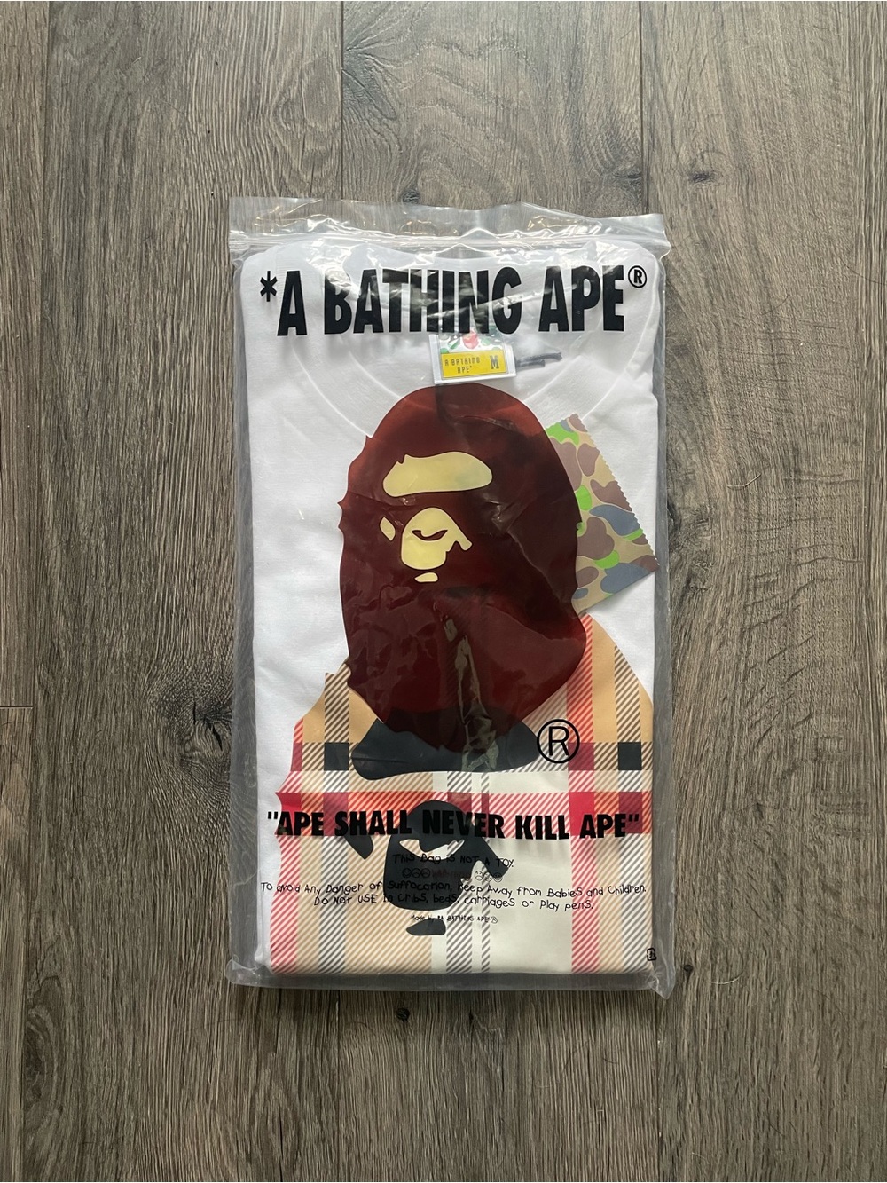 Bape White Tee with Brown Ape Head and Beige Plaid